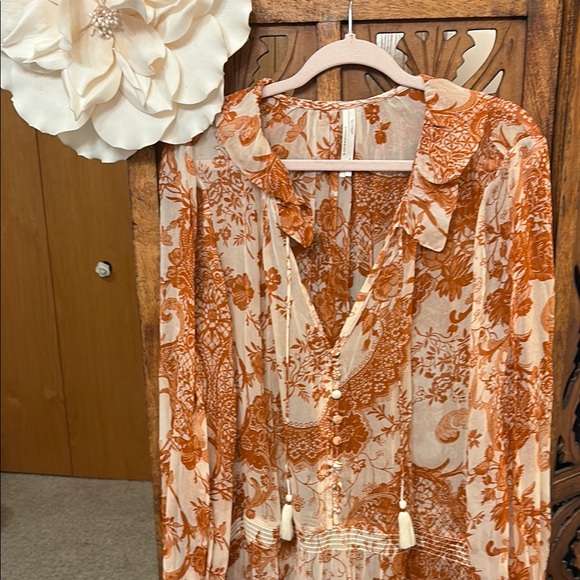 Anthropologie Burnt Orange and Cream Bohemian Tiered Long-Sleeve Dress - Picture 3 of 8